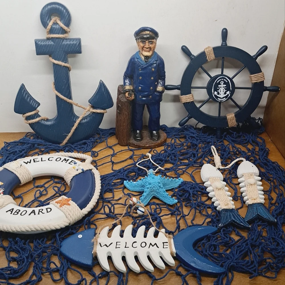 Nautical Theme Wooden Wall Decor Captain Anchor Fishbone Starfish Fishnet
